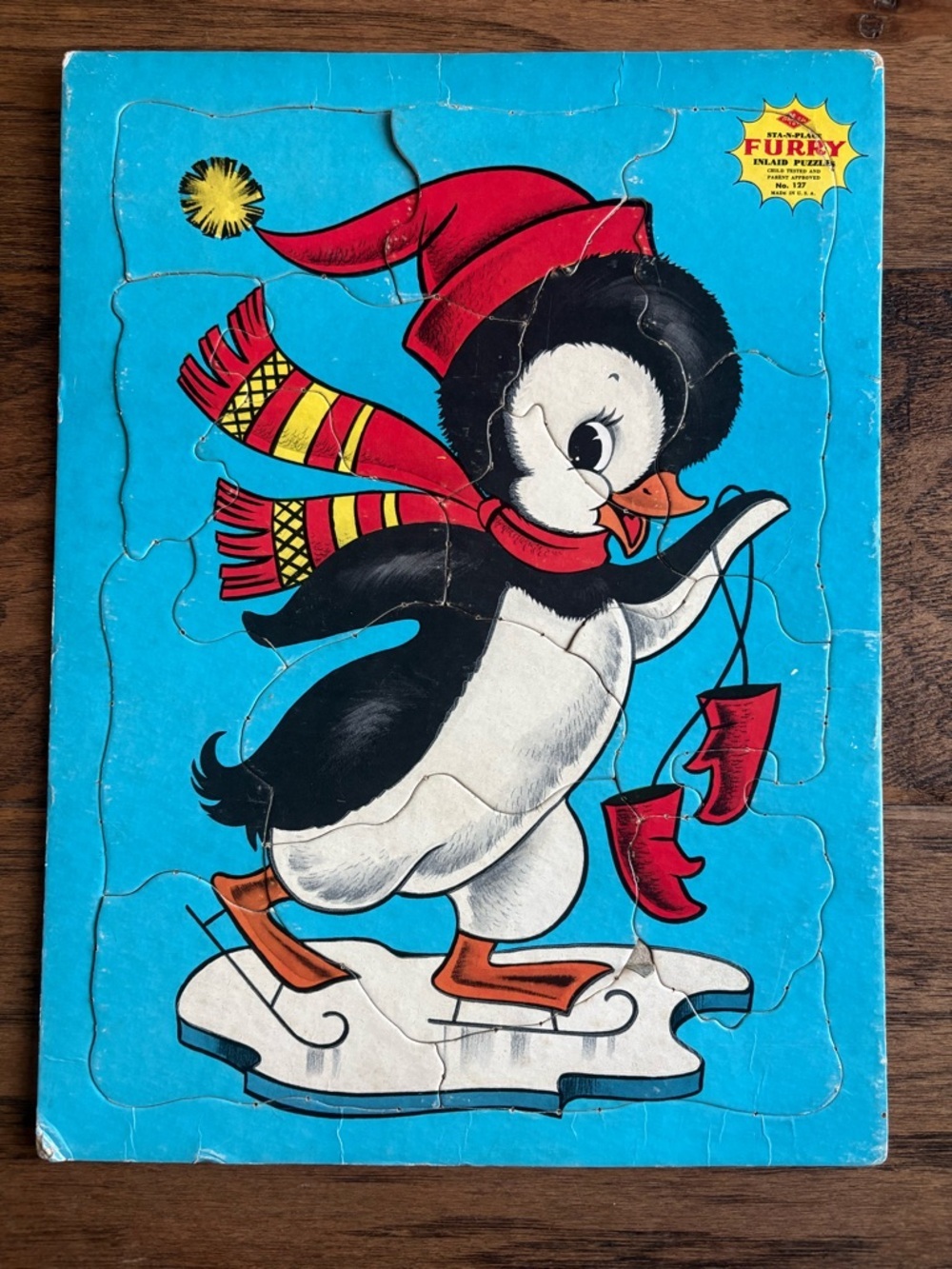 Vintage Built Rite Inlaid Penguin Ice Skating Puzzle - Blue & Red